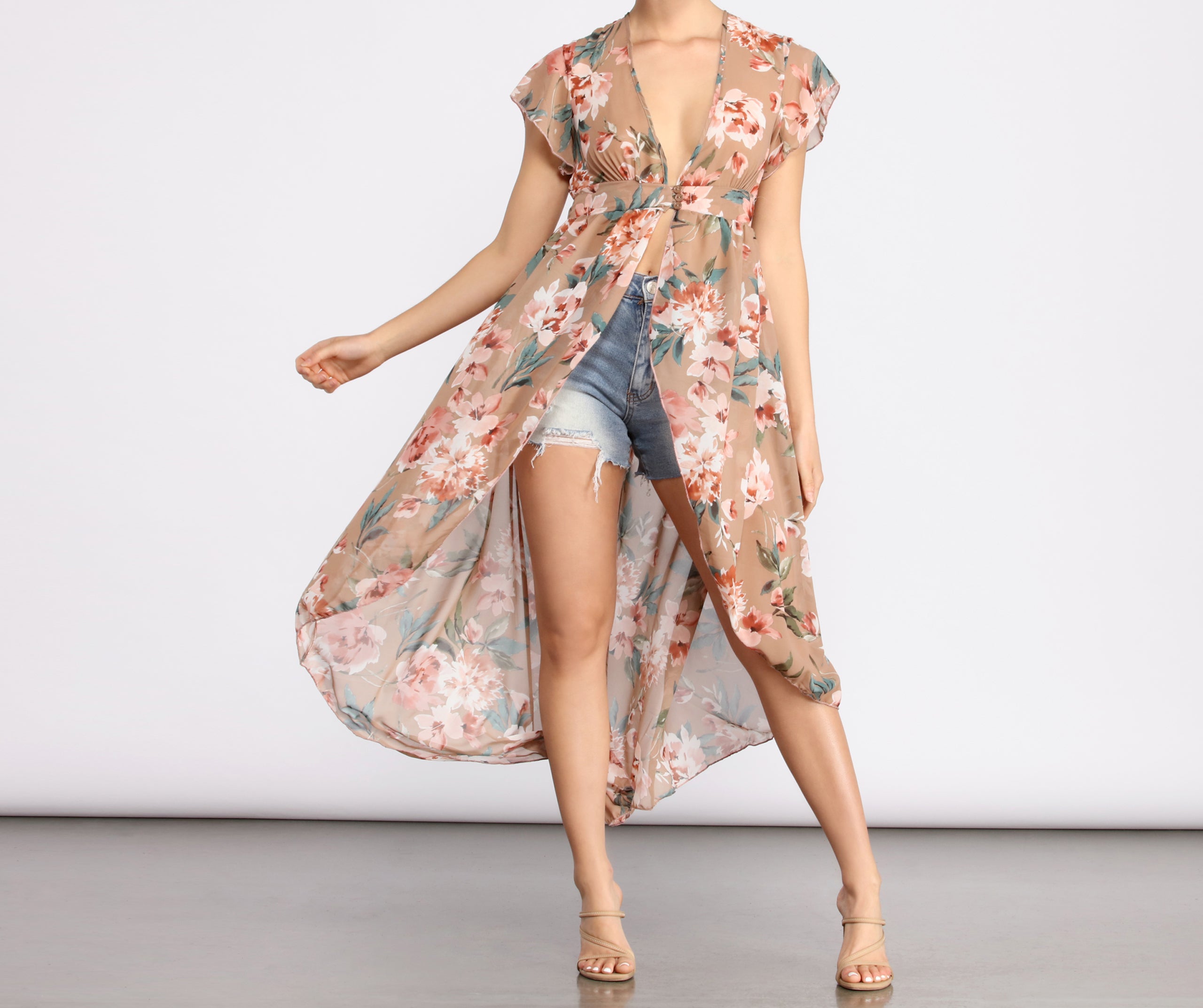 Dream State Chiffon Floral High Low Duster