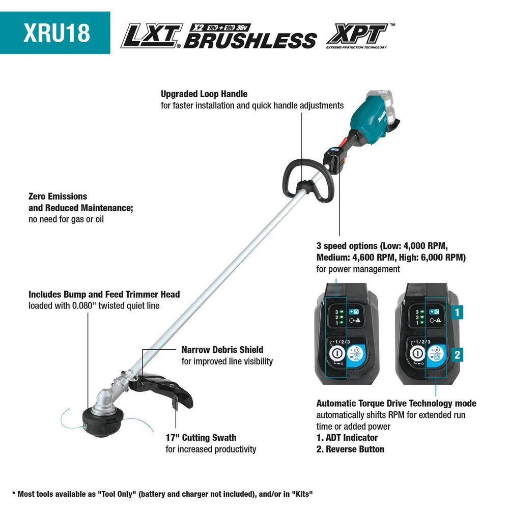 Makita 18V X2 (36V) LXT Lithium-Ion Brushless Cordless String Trimmer Kit (5.0Ah) with Bonus 18V LXT 5.0Ah Battery 2Pack XRU18PTBL1850B2