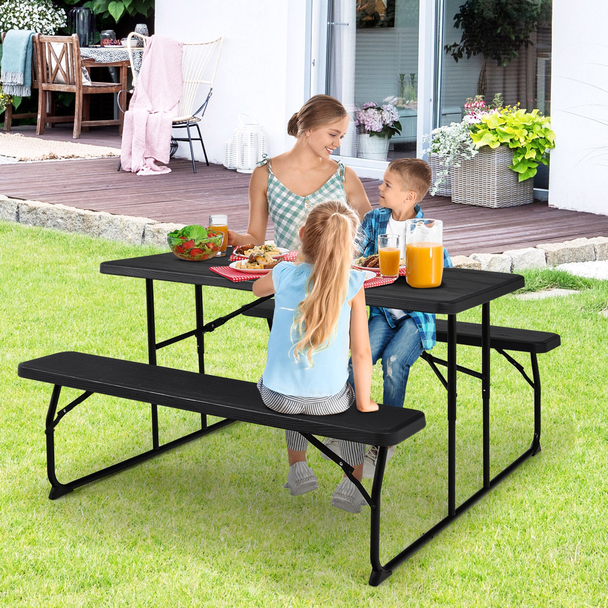 Gymax Folding Picnic Table and Bench Set for Camping BBQ w/ Steel Frame Black