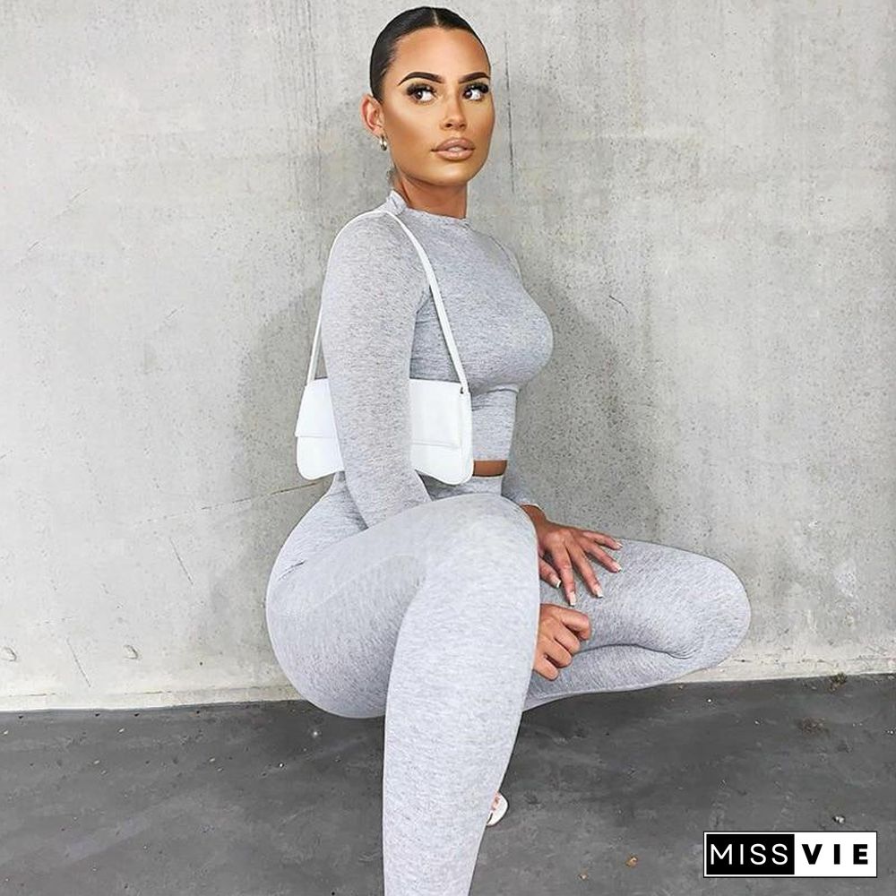 2 Piece Sets Sport Suit Celebrity Women  Long Sleeve Crop Tops High Waist Leggings Pants Workout Seamless Clothes Tracksuit