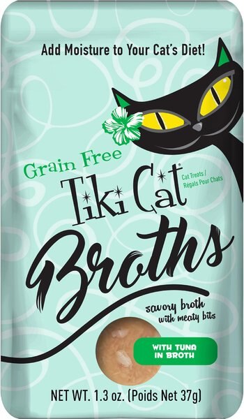 Tiki Cat Broths Tuna in Broth with Meaty Bits Grain-Free Wet Cat Food Topper， 1.3-oz pouch， case of 12