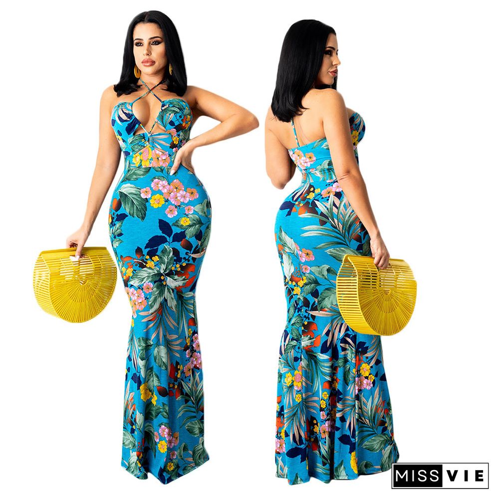 Elegant Summer Clothing Floral Print Sleeveless Halter Backless Bodycon Beach Party Maxi Dresses