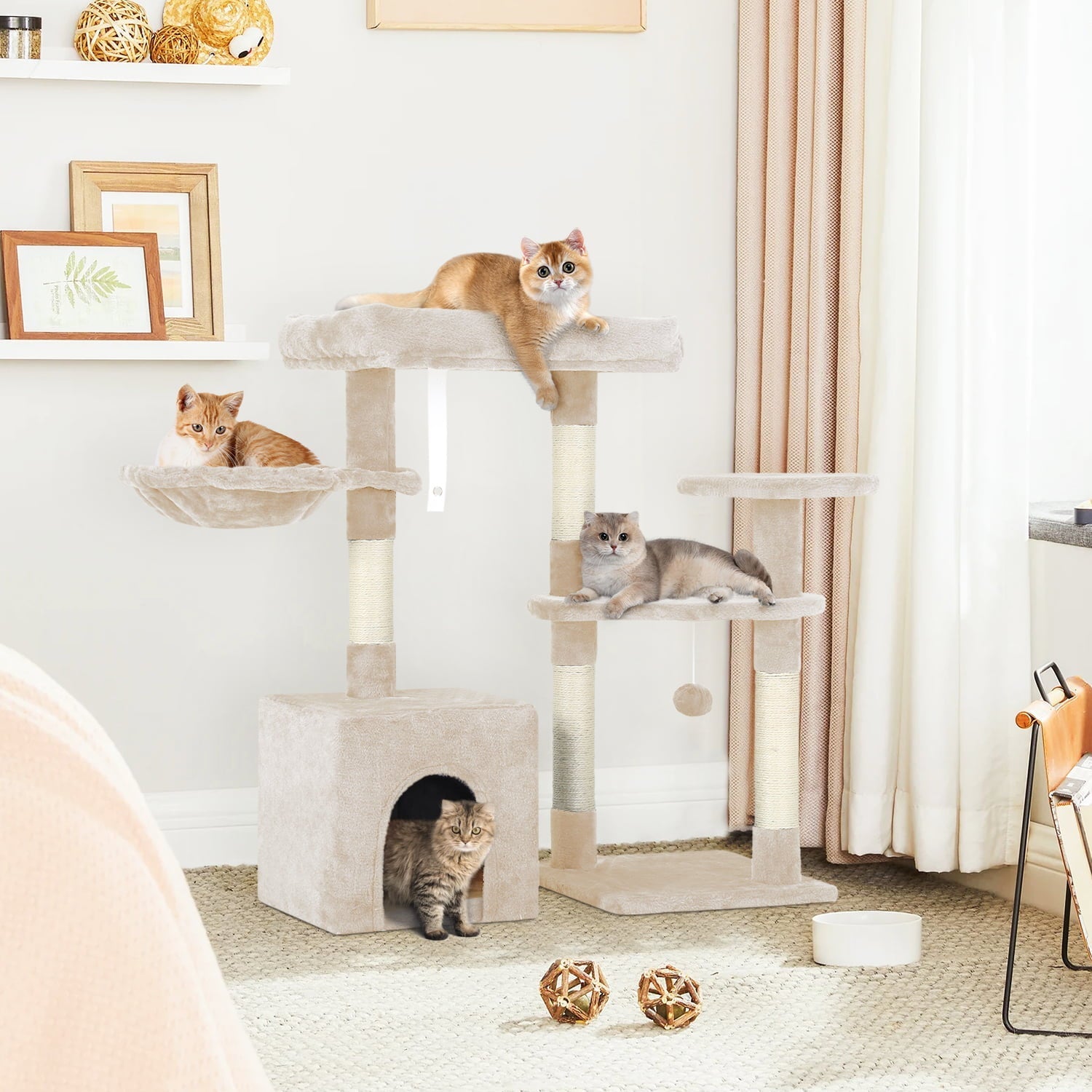 BestPet 33in Cat Tree Cat Tower with Scratching Posts for Indoor Cats,Multi-Level Cat Furniture Activity Center Stand House Cat Condo with Hammock Perch and Kitten Toys Pet Play House,Beige