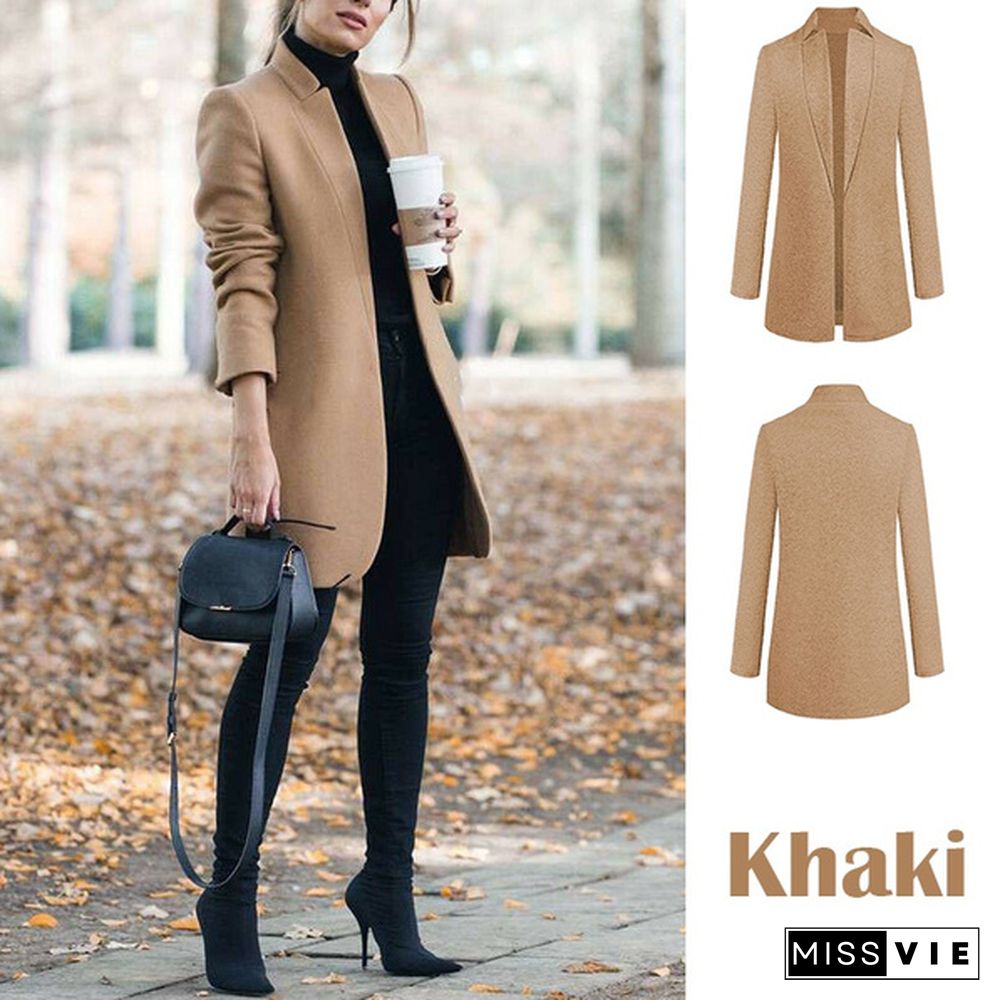 Autumn Winter Women's Fashion Lapel Open Front Slim Fit Overcoat Elegant Solid Color Mid Long Coat Classic Retro Blazer Cardigan Outwear