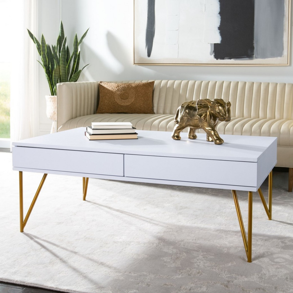 Nellie Two Drawer Coffee Table White/ Gold   Midcentury   Coffee Tables   by Peachtree Fine Furniture  Houzz