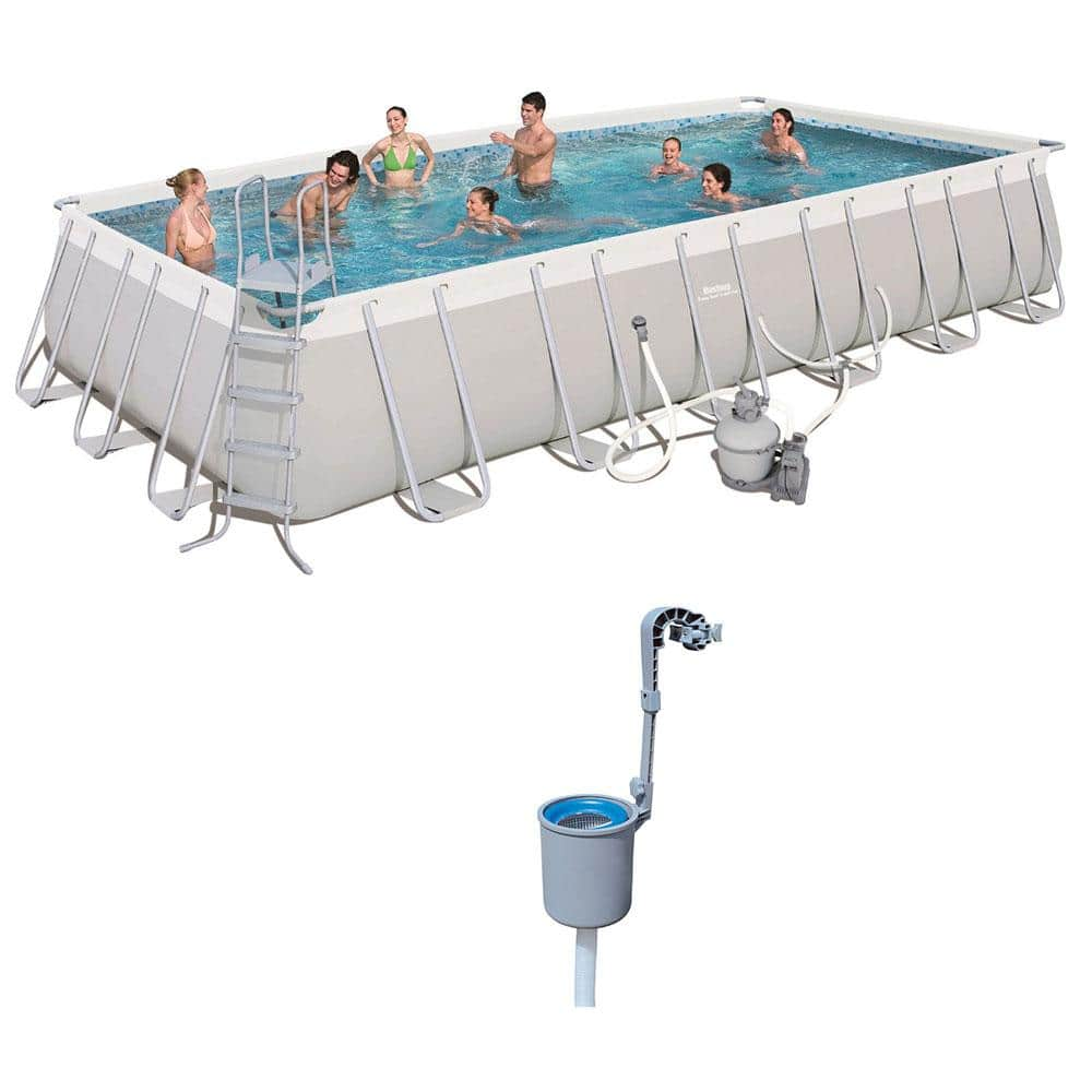 Bestway 24 ft. x 12 ft. x 52 in. Rectangular Frame Above Ground Pool Set with Pool Skimmer 56477E-BW + 58233E-BW