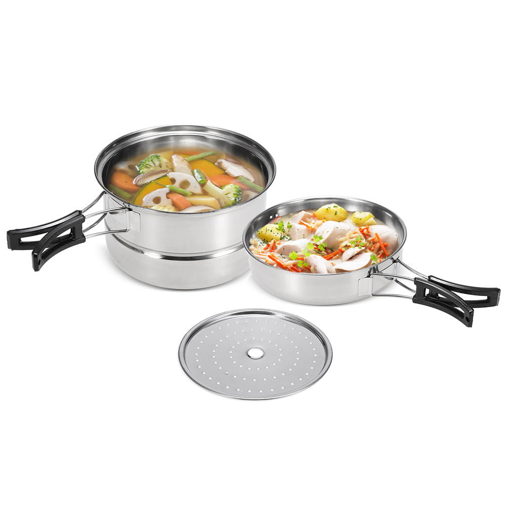 3Pcs Camping Cookware Set Stainless Steel Pot Frying Pan Steaming Rack Outdoor H