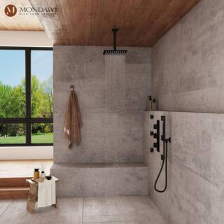 Mondawe Athens Multiple 5-Spray Patterns 2.5 GPM 12 in Ceilling Mount Rainfall Dual Shower Heads with 6-Jet Valve in Matte Black MD6865-MB