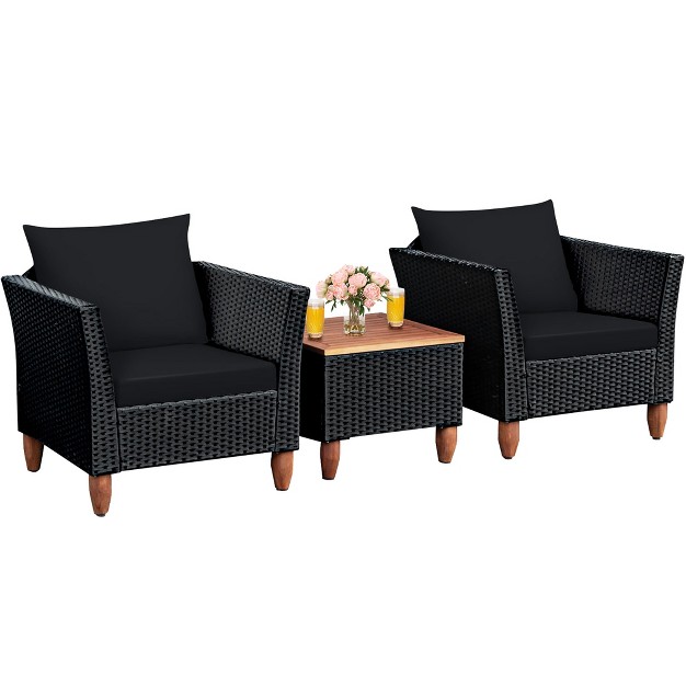 Costway 3 Pcs Outdoor Patio Rattan Bistro Furniture Set Wooden Table Top Cushioned Sofa Black Brown