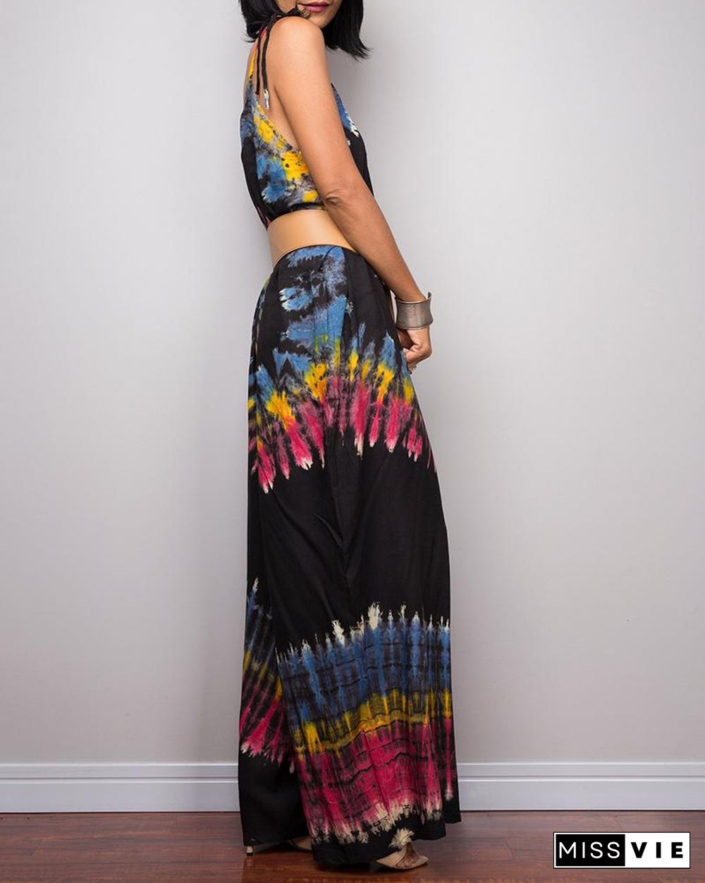 Tie-Dye Print Wide-Leg Lace-Up Loose Jumpsuit P15993