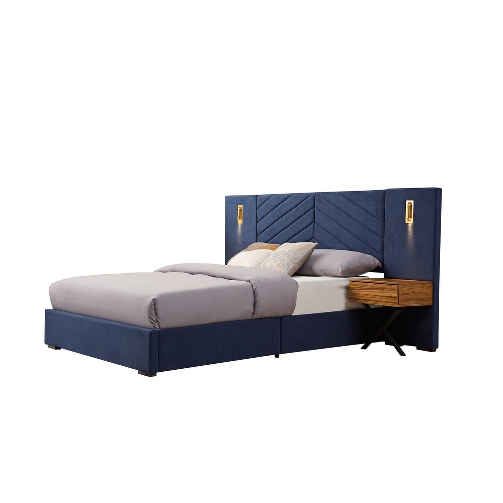 King Velvet Bed Frame Platform Bed   Retro Blue