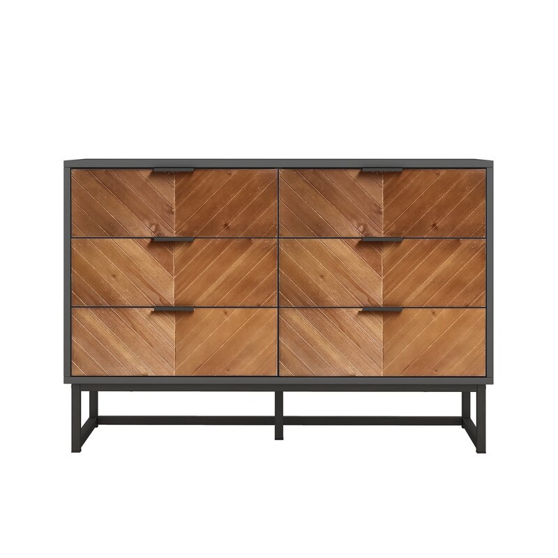 6 Drawers Dresser with Metal Leg and Handle for Bedroom  Storage Cabinet with Brown Wood Finish Drawer  Black+Brown