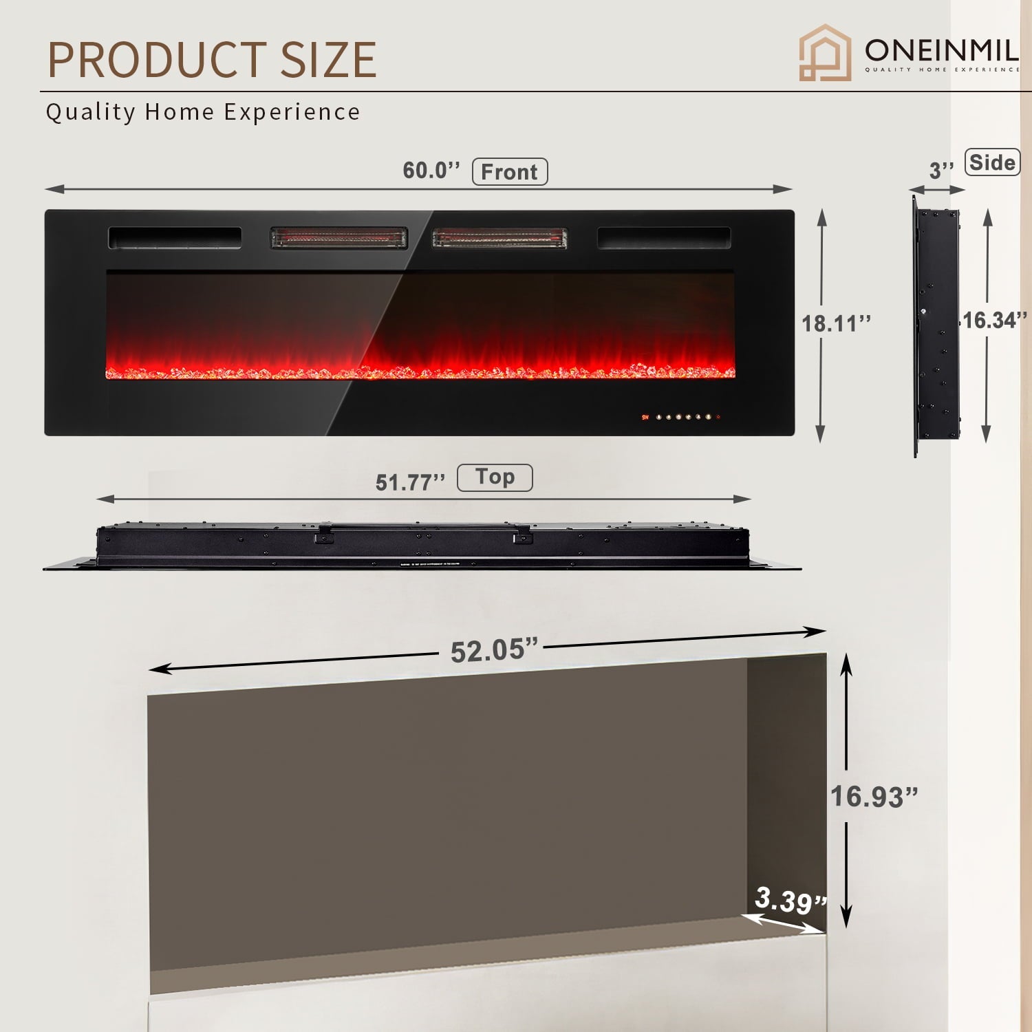 ONEINMIL 60" Electric Fireplace, Recessed 3.2'' Ultra Thin Wall-Mounted Heater w/Adjustable Flame Colors & Speed, Fireplace with Touch Screen and Remote Control