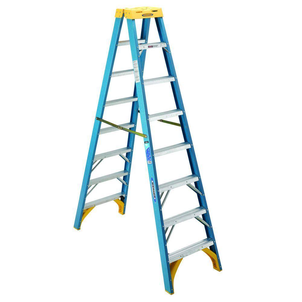 Werner 8 ft. Fiberglass Twin Step Ladder with 250 lb. Load Capacity Type I Duty Rating T6008