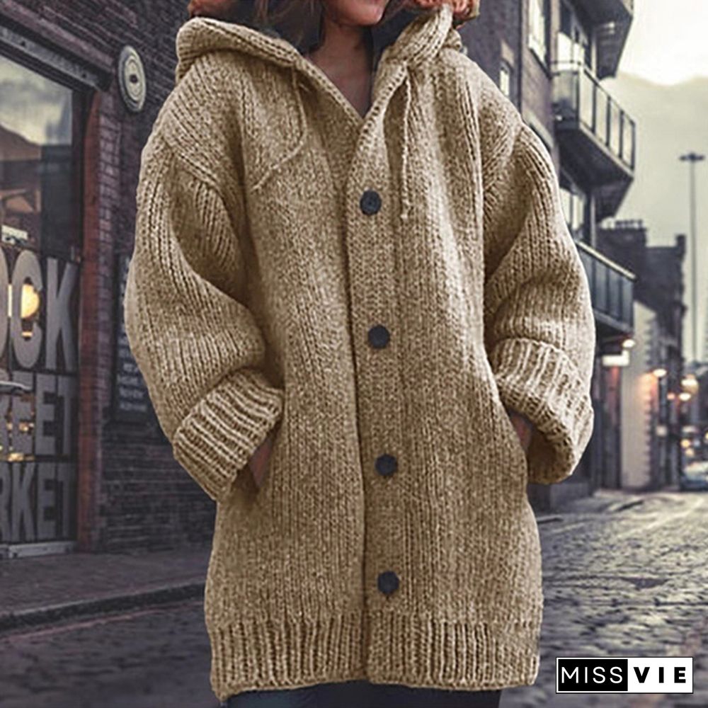 Women Fashion Mid-length Button Up Knitted Cardigan Jackets Ladies Casual Autumn and Winter Hooded Sweater Coats Strickjacke Damen