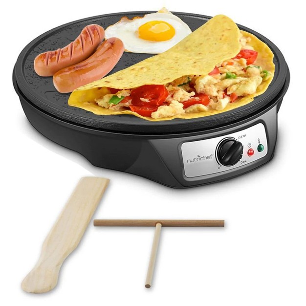 Nutrichef 12 Inch Electric Nonstick Griddle Pancake Crepe Injera Blitnz Maker Hot Plate Cooktop With Crepe Turner And Pastry Spreader Tools Black