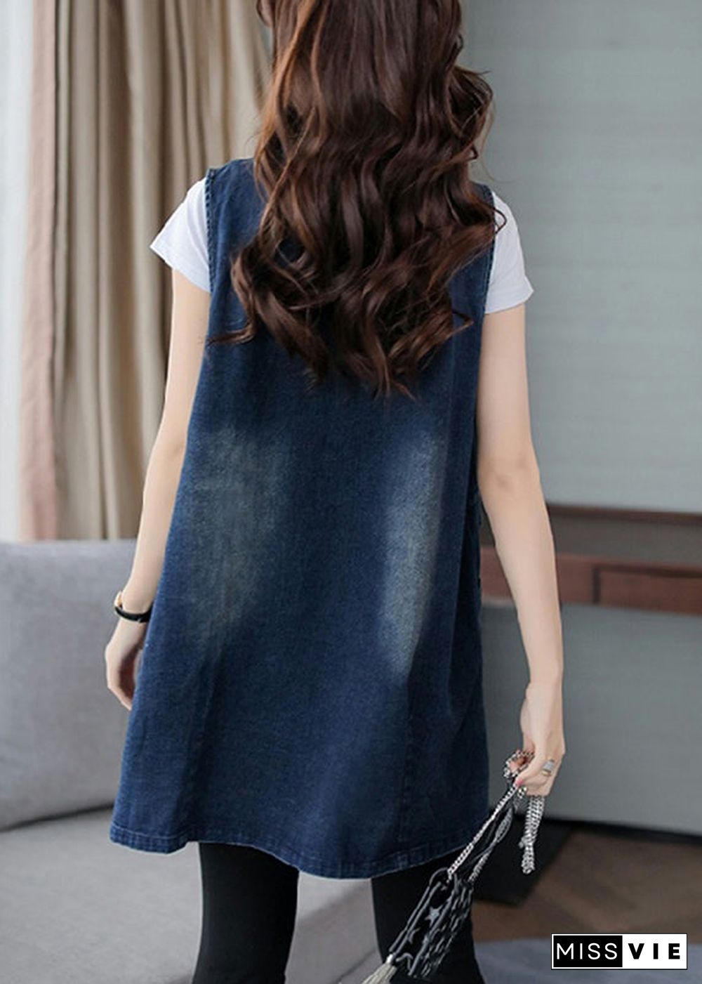 Elegant Blue Notched Patchwork Button Denim Waistcoat Fall