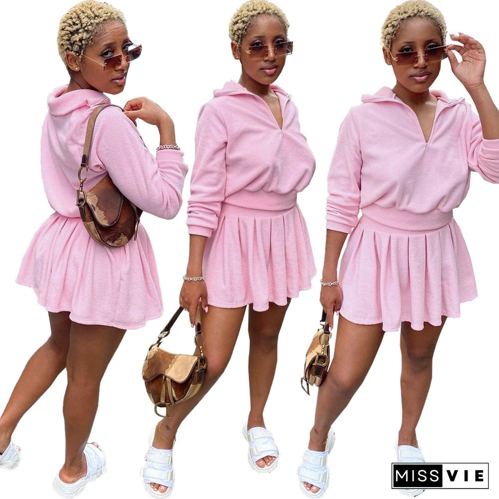 Long Sleeve T Shirt Pleated Tennis Mini Skirts Set