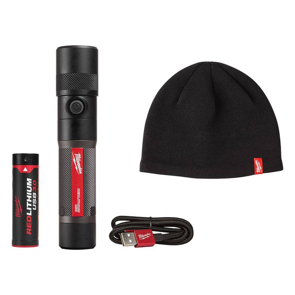 MW 1100 Lumens LED USB Rechargeable Twist Focus Flashlight with Men's Black Fleece Lined Knit Hat 2161-21-502B