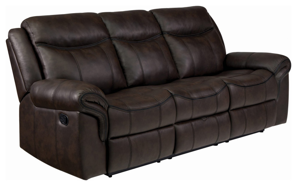 Reclining Sofa  Drop Down Console With Charging Station  ampCup Holders  Brown   Contemporary   Sofas   by Decorn  Houzz