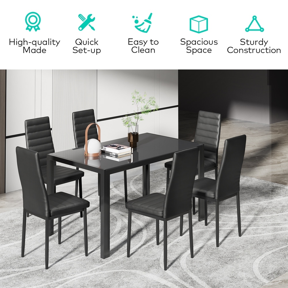 7 Piece Glass Dining Table Set for 6 with High Back PU Leather Chairs