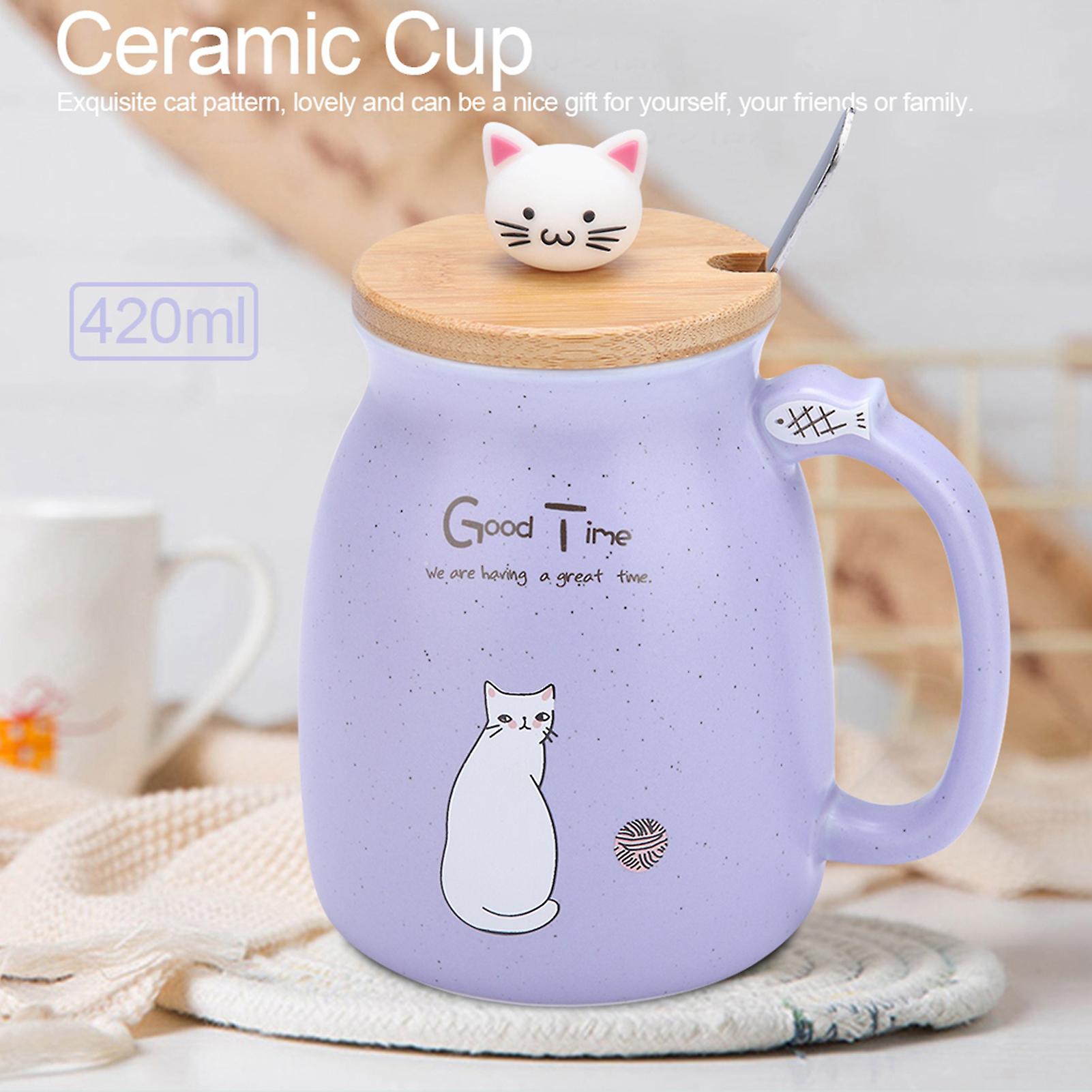 1pc Lovely Cat Ceramic Cup With Spoon And Lid  Coffee Water Milk Mug For Drinkware Gift(purple)