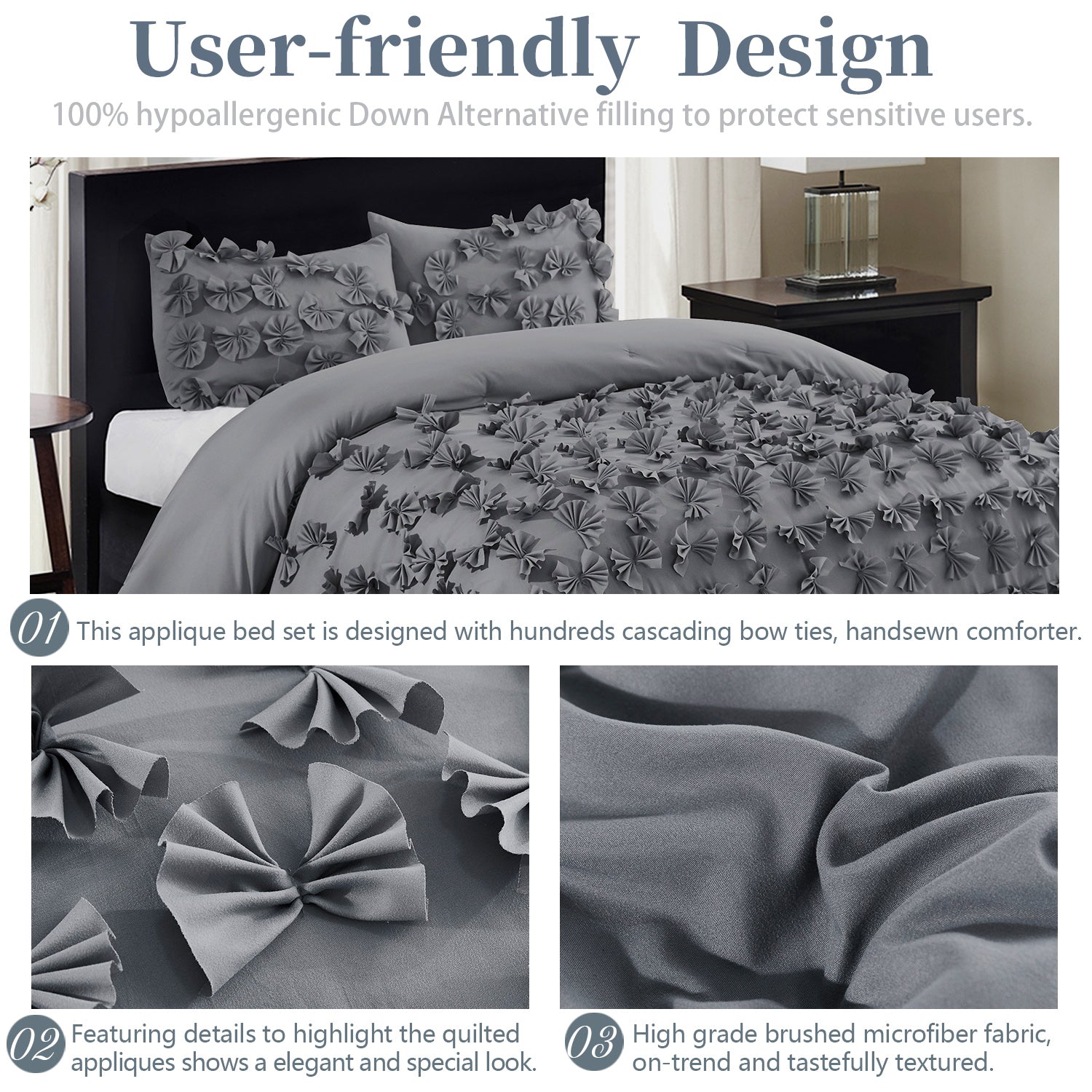 3 Piece Gray Burrterfly Flower Applique Collection Comforter Set