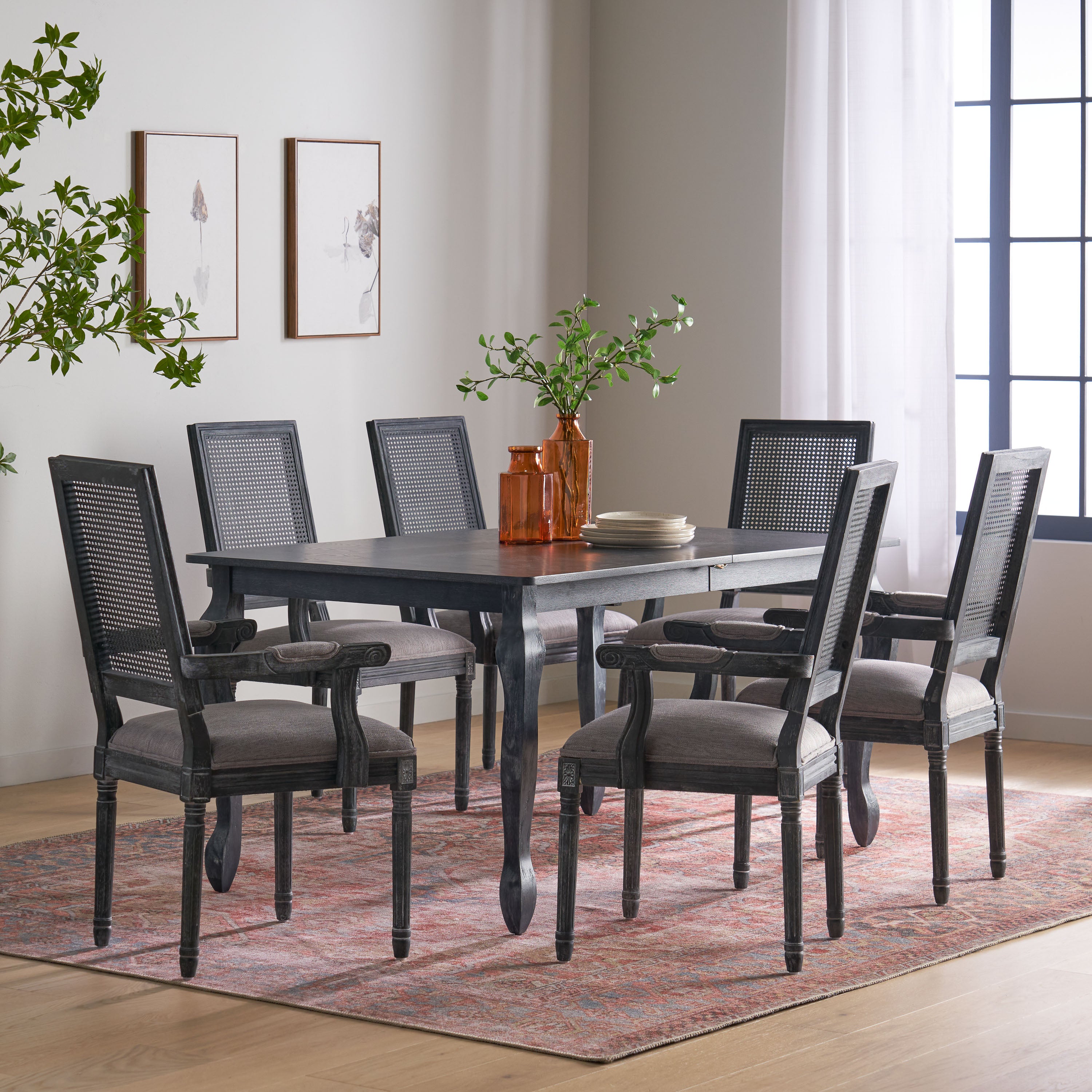 Regan French Country Fabric Upholstered Wood and Cane Expandable 7 Piece Dining Set