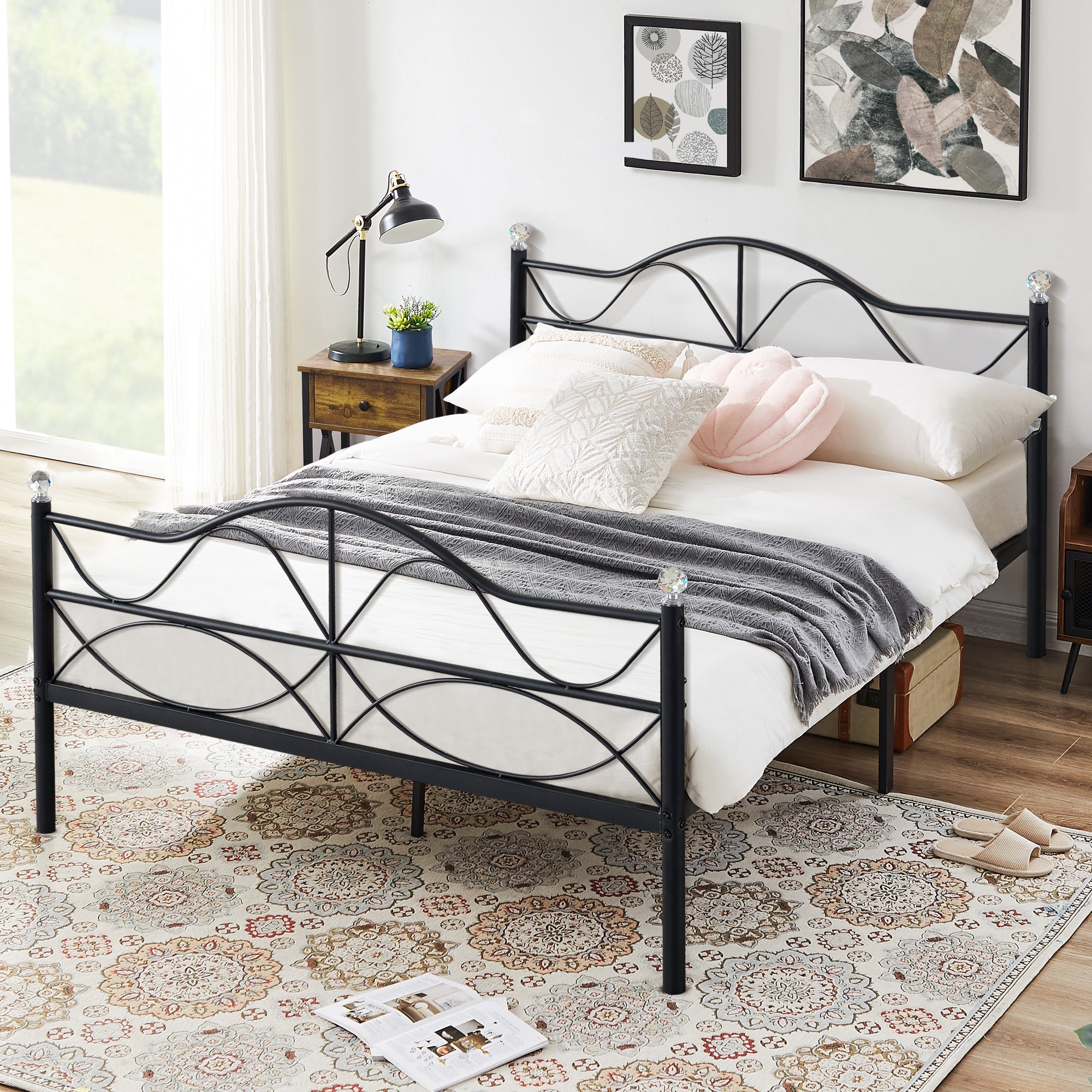 Victorian Twin Size Platform Bed Frame with Headboard and Footboard, Metal Slats Support, Black