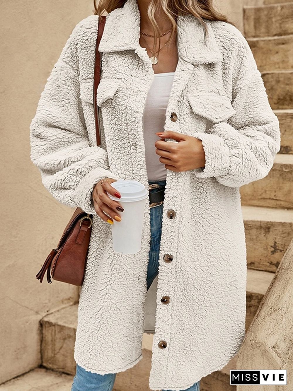 Plush Lapel Neck Flap Pocket Midi Jacket