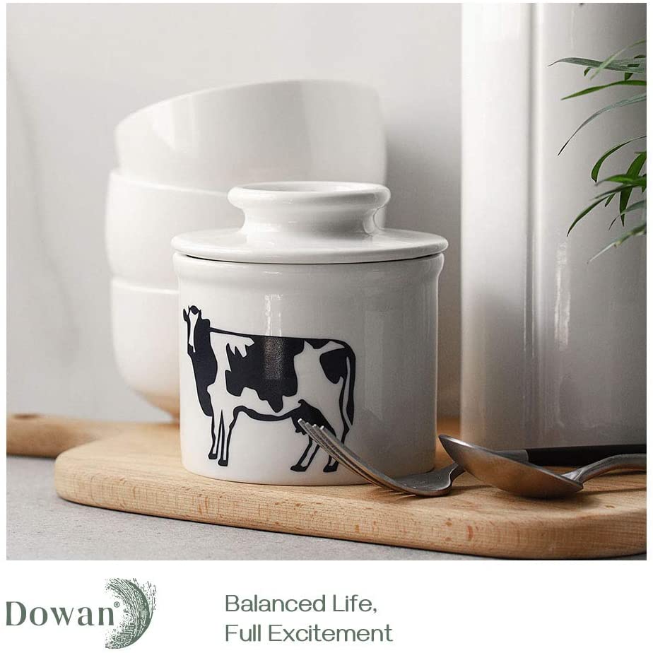 DOWAN Porcelain Butter Keeper Crock， French Butter Dish with Lid， Cow Butter Dish， No More Hard Butter， White