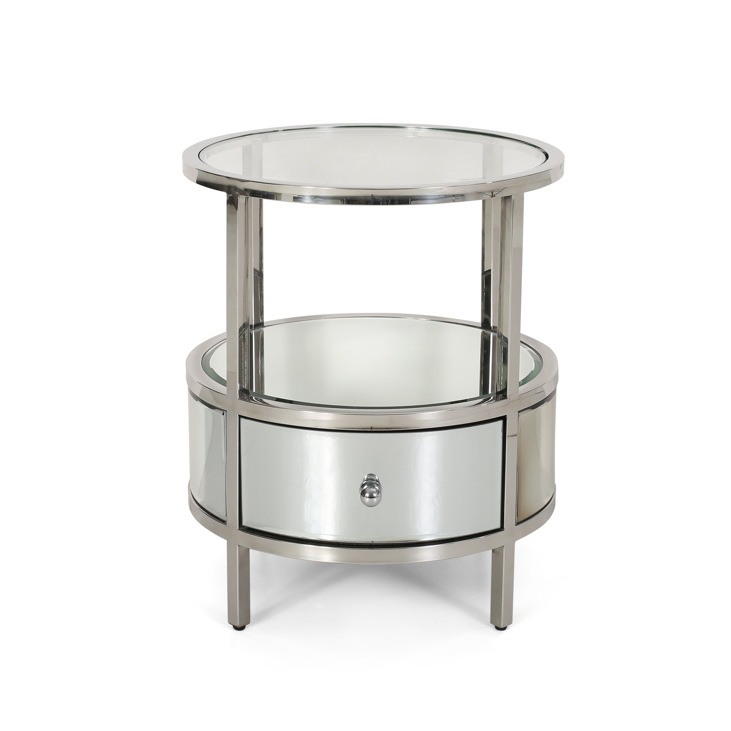 Celina Modern Round End Table with Tempered Glass Drawers and Stainless Steel Frame, Silver