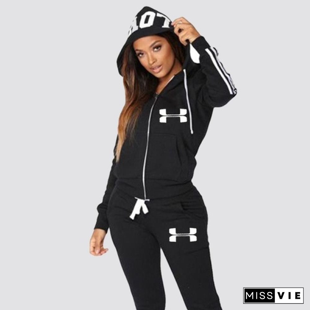 New Female Fashion Casual Zipper Stripe Sports Hoodie Set + Stretch Waist Sports Pants Set