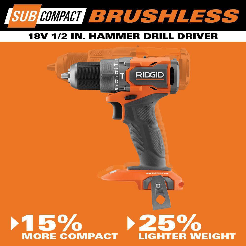 RIDGID 18V SubCompact Brushless Cordless 12 in. Hammer Drill Kit with (2) 2.0 Ah Batteries Charger and Bag R87112K