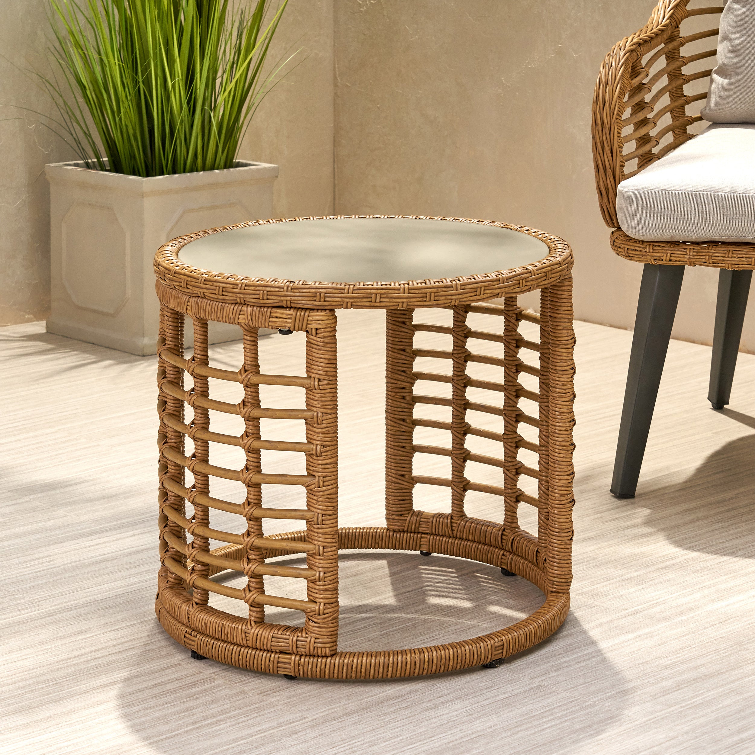 Evvy Outdoor Modern Boho Wicker Side Table with Tempered Glass Top