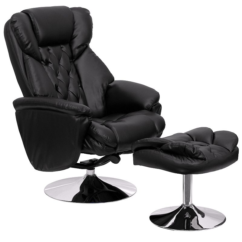 Emma and Oliver Transitional Multi-Position Recliner/Ottoman - Chrome Base in Black LeatherSoft