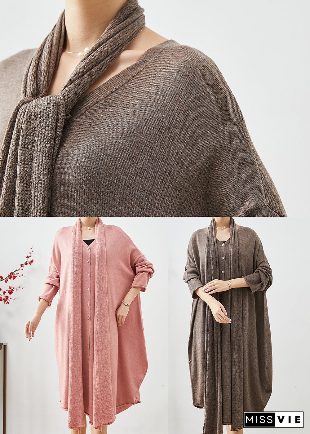 Coffee Loose Knit Maxi Dresses Button Down Complimentary Scarf Fall