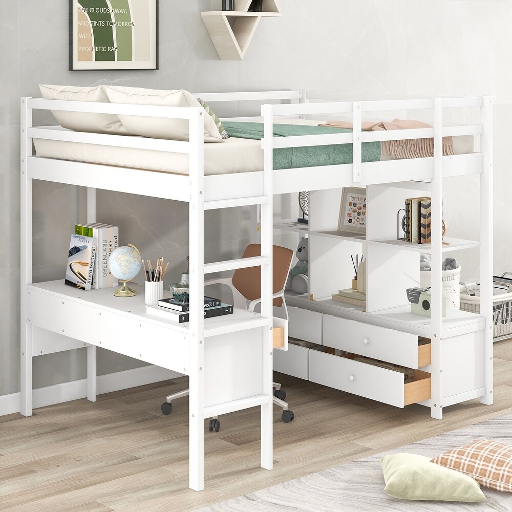 Full Size Loft Bed with Built in Desk with Storage Shelves   Drawers