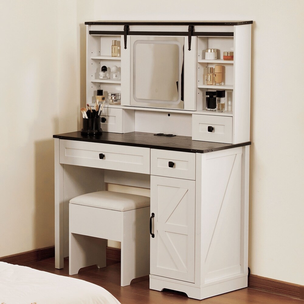 Farmhouse 42'' Makeup Vanity Desk with lighted Sliding Mirror Glass Tabletop 2 Drawers   Shelves  Stool Included.