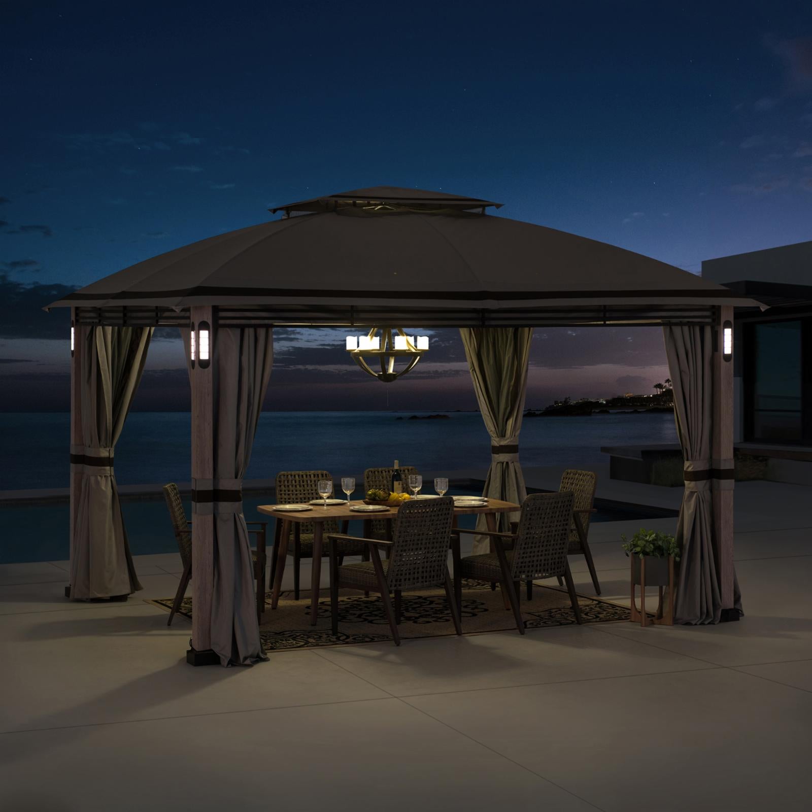 SummerCove Outdoor Patio 11x13 ft. Gray 2-Tier Backyard Soft Top Gazebo with LED Light, Bluetooth Speaker