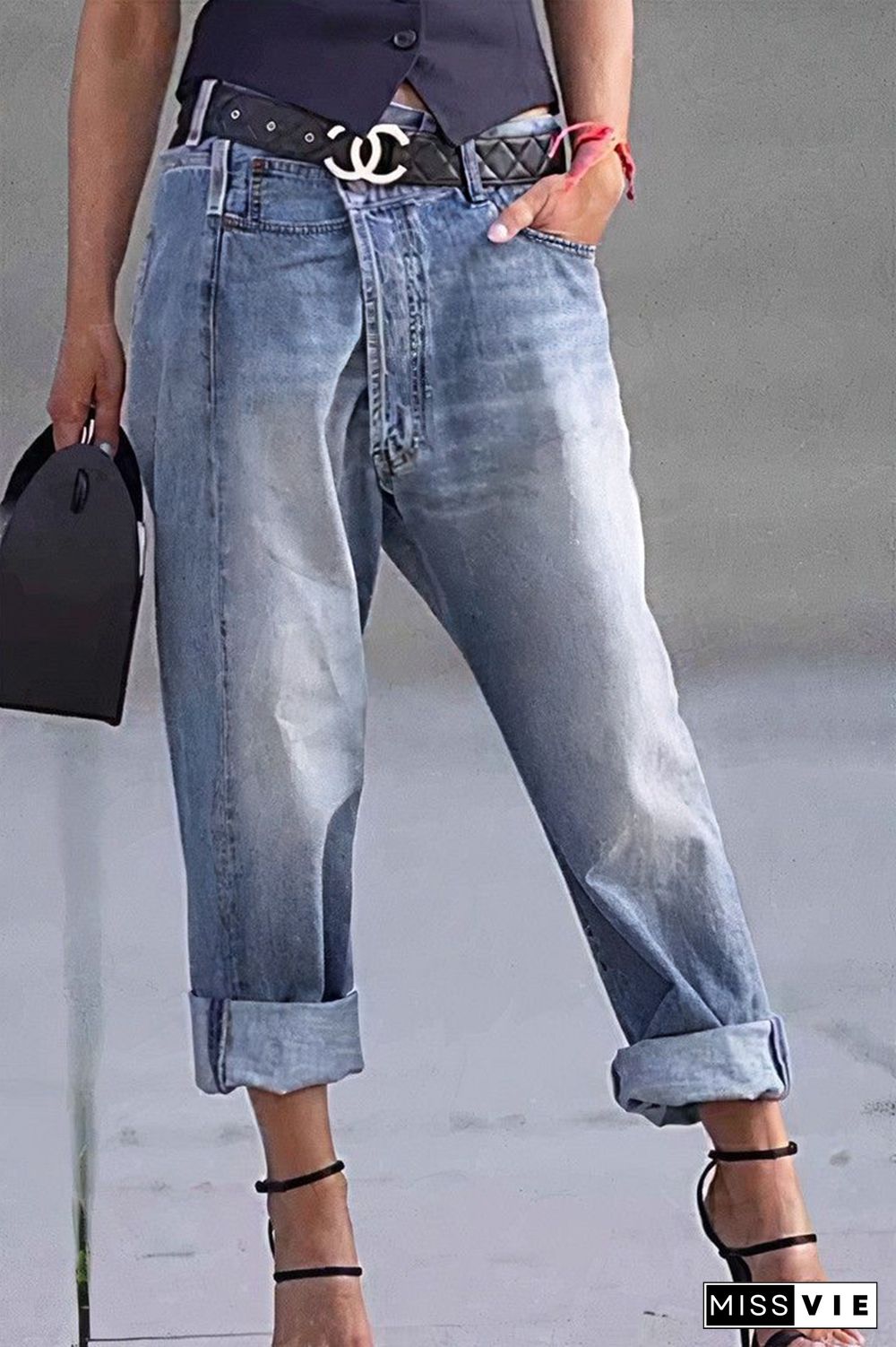 Asymmetrical Waist Mid Rise Straight Leg Jeans Without Belt