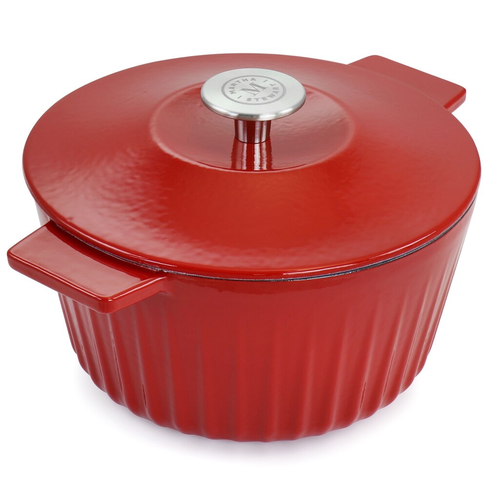 Martha Stewart Enameled Cast Iron 3Qt Embossed Stripe Dutch Oven Red