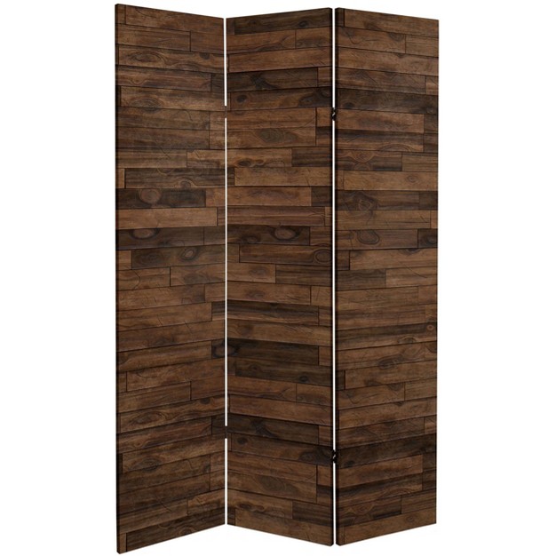 Double Sided Walnut Wood Pattern Canvas Room Divider Brown Oriental Furniture