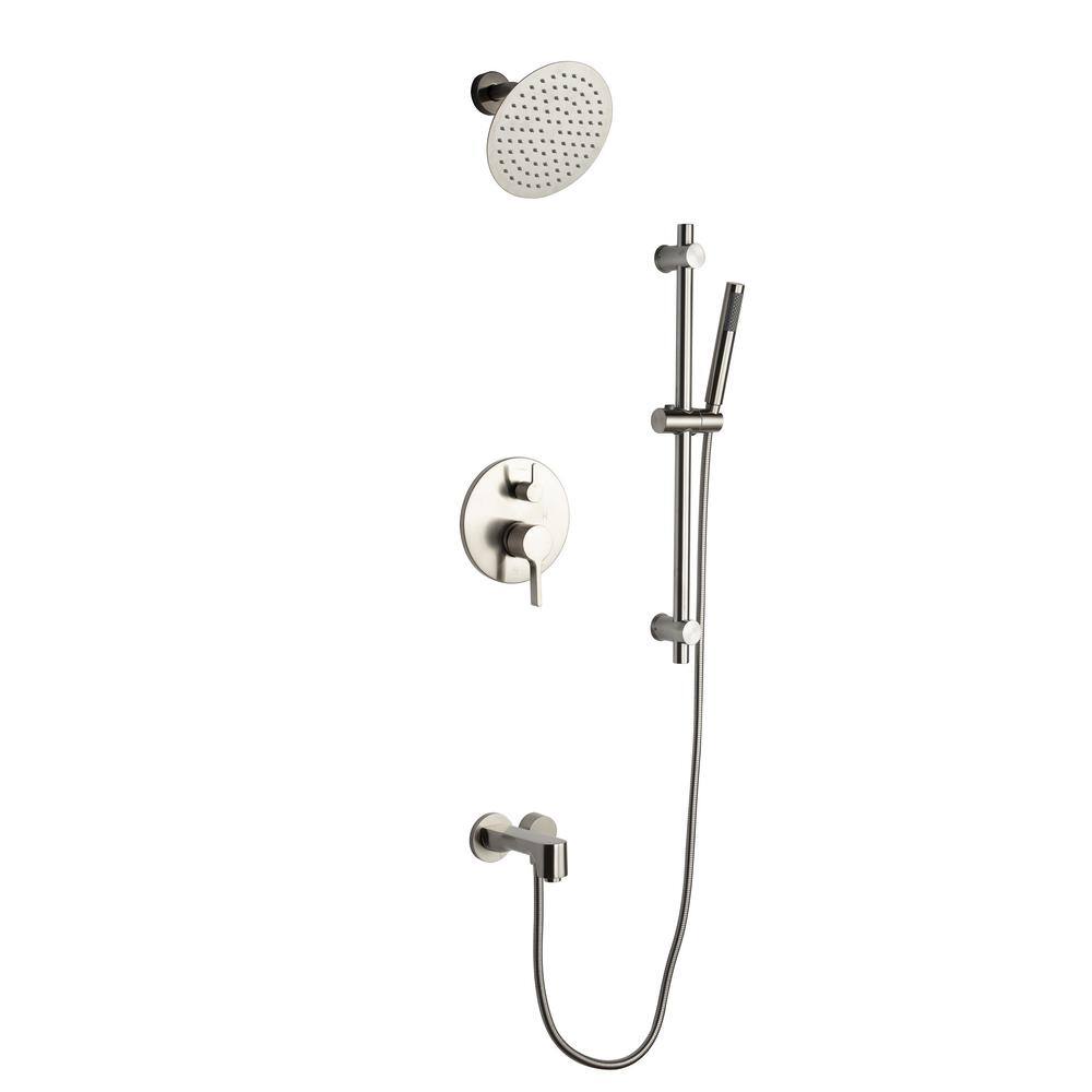 Lexora Luviah 1-Spray Tub and Shower Faucet Combo with Round Showerhead and Handheld Shower Wand in Brushed Nickel LSS13011BN