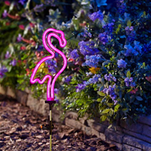 [Set of 2] Flamingo Solar Garden Stake Lights， Outdoor Solar Pathway Light for Lawn Patio Yard Walkway， Neon Pink Lighting (29.5