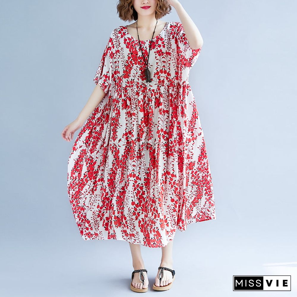 women red linen maxi dress oversize short sleeve print long cotton dresses fine o neck traveling clothing