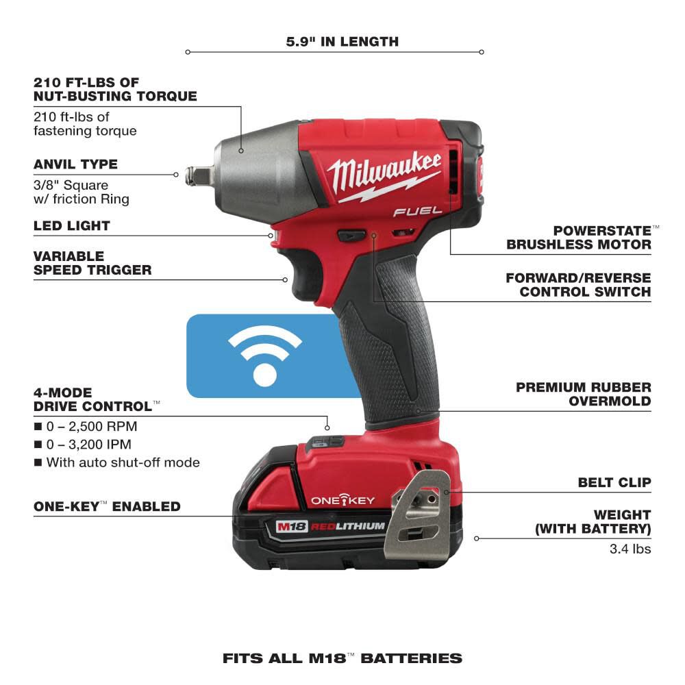 Milwaukee M18 FUEL 3/8" Compact Impact Wrench Friction Ring ONE-KEY Kit 2758-22CT from Milwaukee