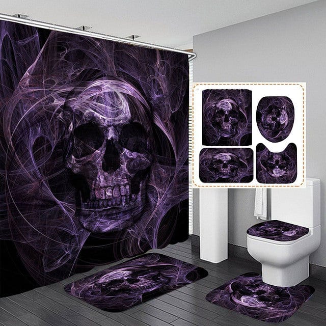 Purple Smokey Skull Print Shower Curtain Set with Bath Mat Carpet Toilet Seat Cover