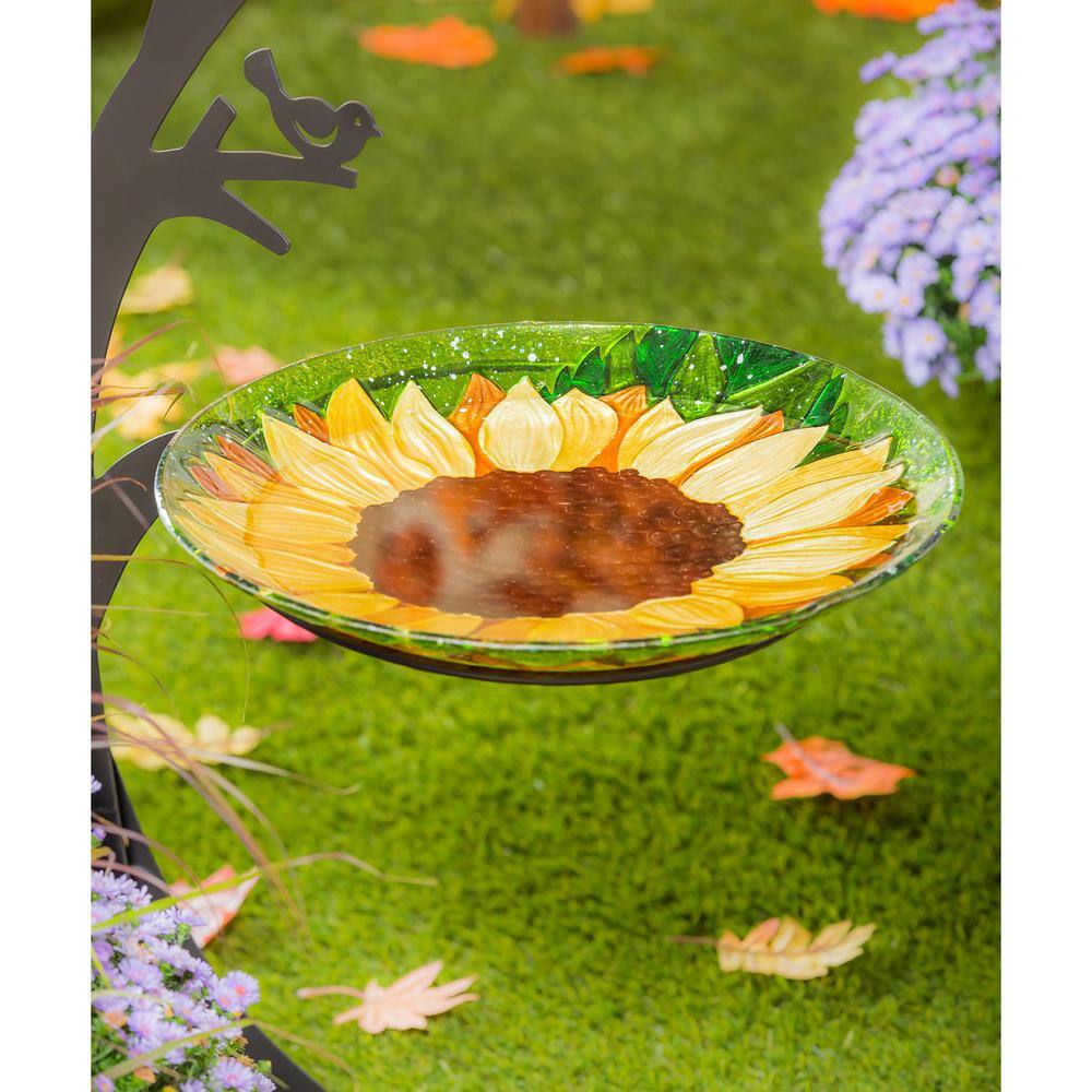 Evergreen 18 in. Fall Sunflower Hand Painted Embossed Glass Bird Bath 2GB6931