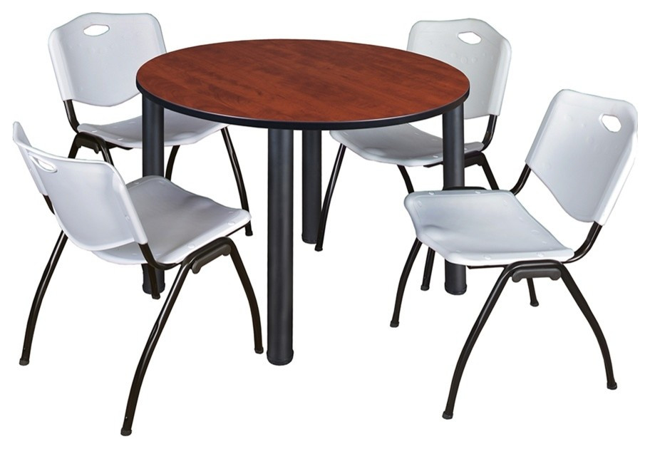 Kee 48 quotRound Breakroom Table  Cherry/ Black and 4   x27M  x27Stack Chairs  Gray   Contemporary   Coffee Tables   by BisonOffice  Houzz